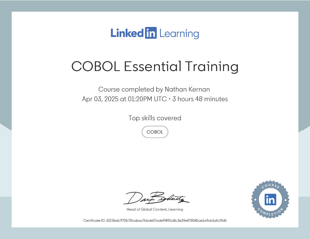 COBOL Certificate 1